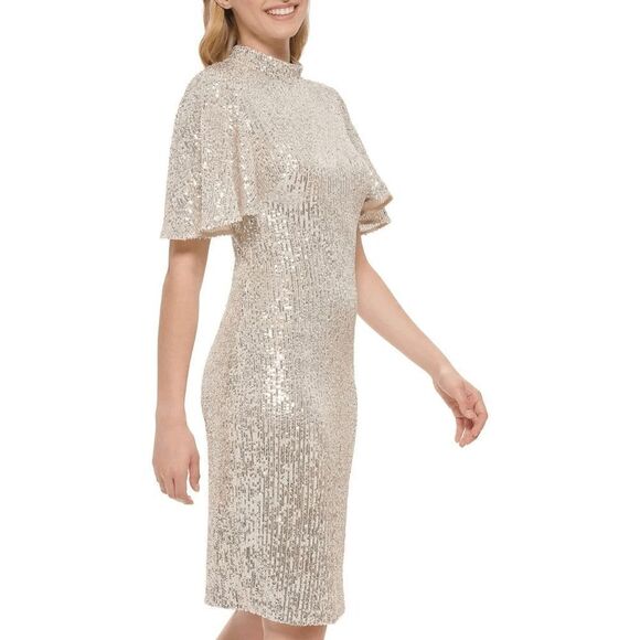 ✨ ELIZA J Silver Sequin Sheath Flutter Sleeve Mock Neck Dress SIZE 12 $168 NWT - Picture 2 of 16